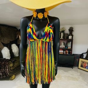 Handmade Multi-Colored Fringe Crochet Triangle Bikini Top New No Tags.
